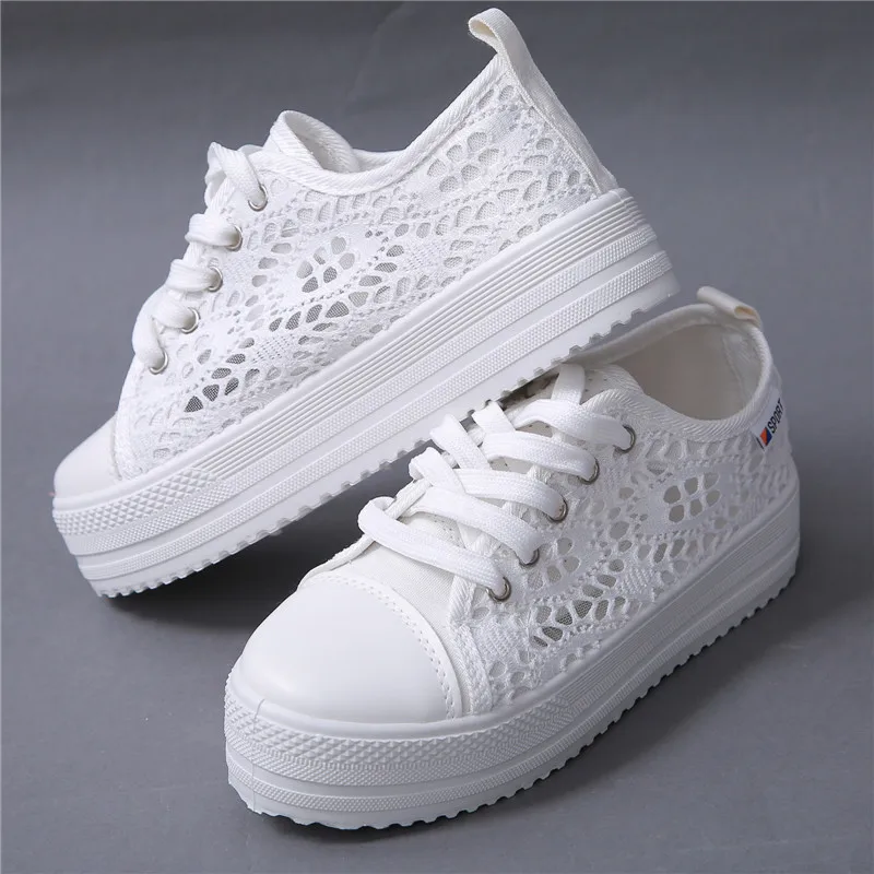 

Summer Women Shoes Casual Cutouts Lace Canvas Shoes Hollow Floral Breathable Platform Flat Shoe White Black 23-25.5cm
