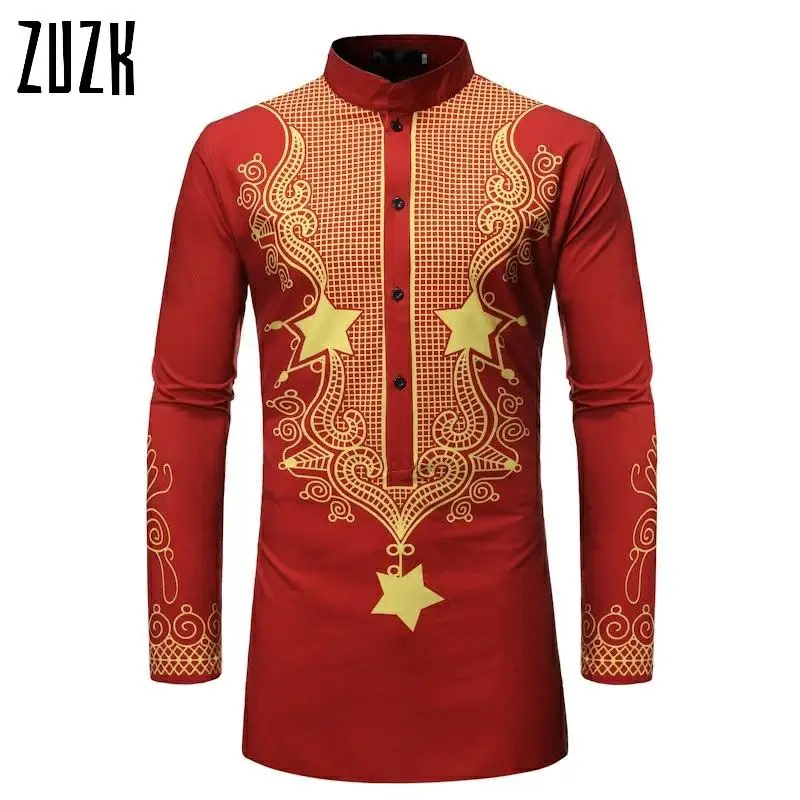 Рубашка ZUZK мужская с длинным рукавом приталенная принтом в национальном стиле