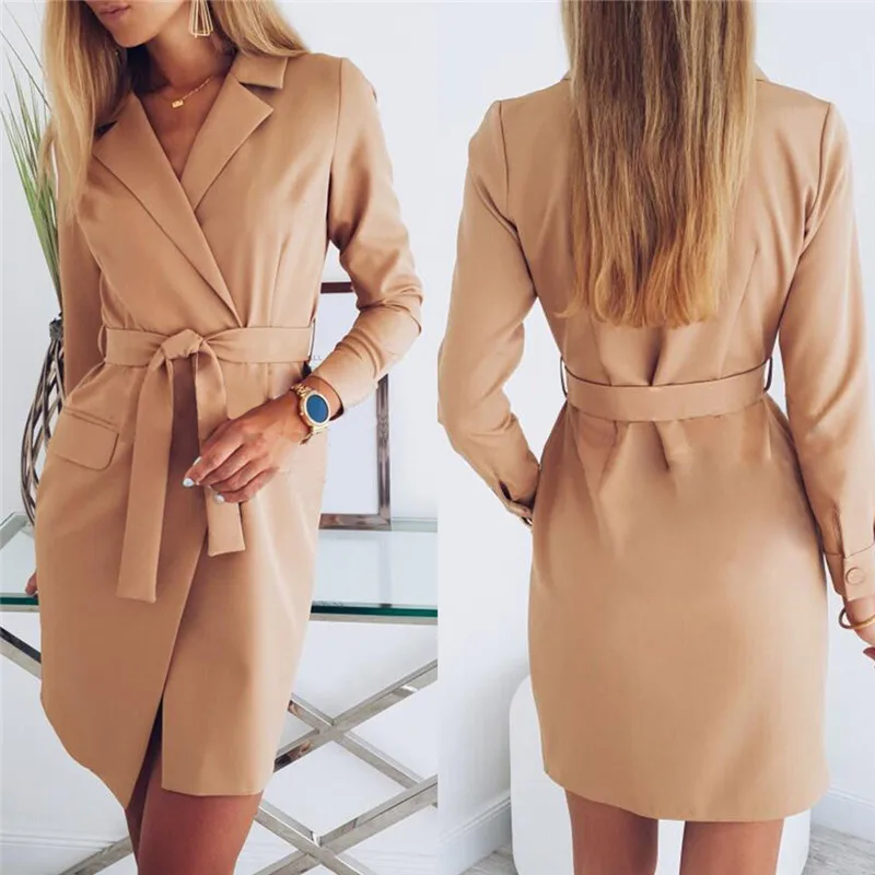 

Women's Cardigan Elegant Long Sleeve Basic Lapel Blazer Solid Color Slim Fit Long Jacket Coat Suit with Belt