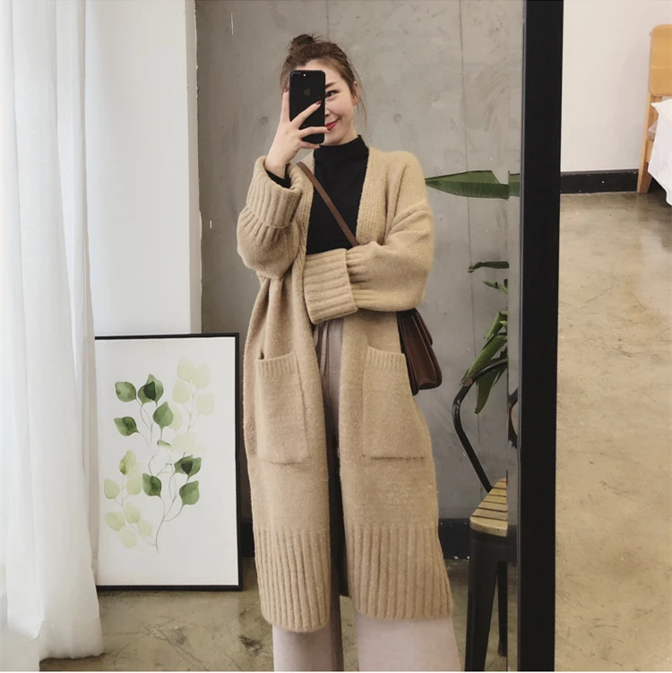 

Long V-neck knitted cardigan women's autumn new style loose lazy style long-sleeved sweater coat over-the-knee tops for women