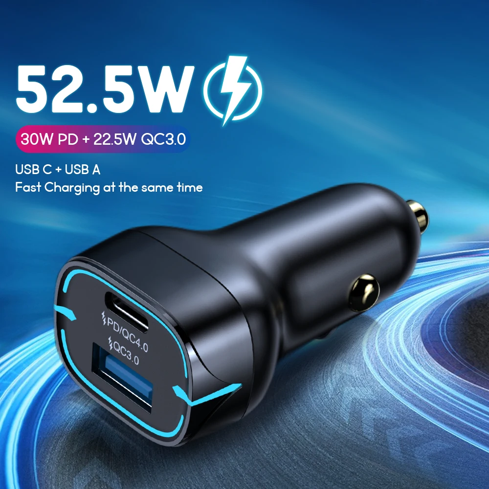 

52.5W USB Car Charger Type C PD Fast Charger For iPhone 12 iPad Quick Charge 4.0 3.0 Car USB Charger Adapter For Samsung Huawei