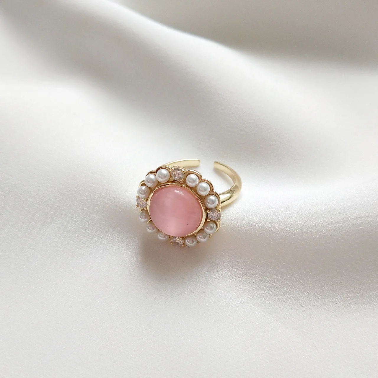 

Korean-Style Fashionable Cat Designer Silver Design 925 Sterling Silver Pink Beauty Ring Cat's Eye Pearl Ring
