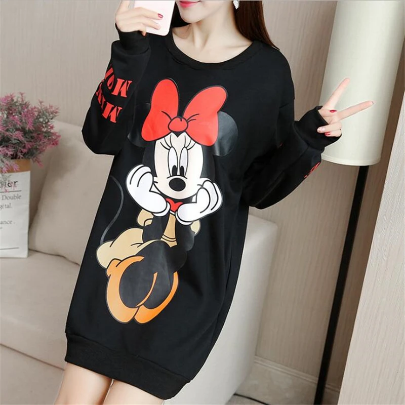 

Streetwear Autumn Thin Long Sleeve Dress Minnie Mickey Cartoon Printed Dresses M- Casual Loose Women Short Dress