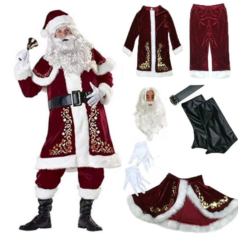 

Женский костюм деда мороза, рождественское праздничное пальто для косплея, брюки, пояс для бороды, перчатки, шляпа, 9 шт.