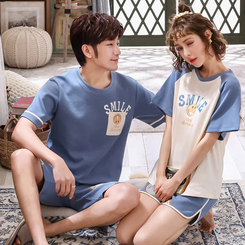 Летняя Хлопковая пижама для пары женская с рисунком из мультфильма свободная