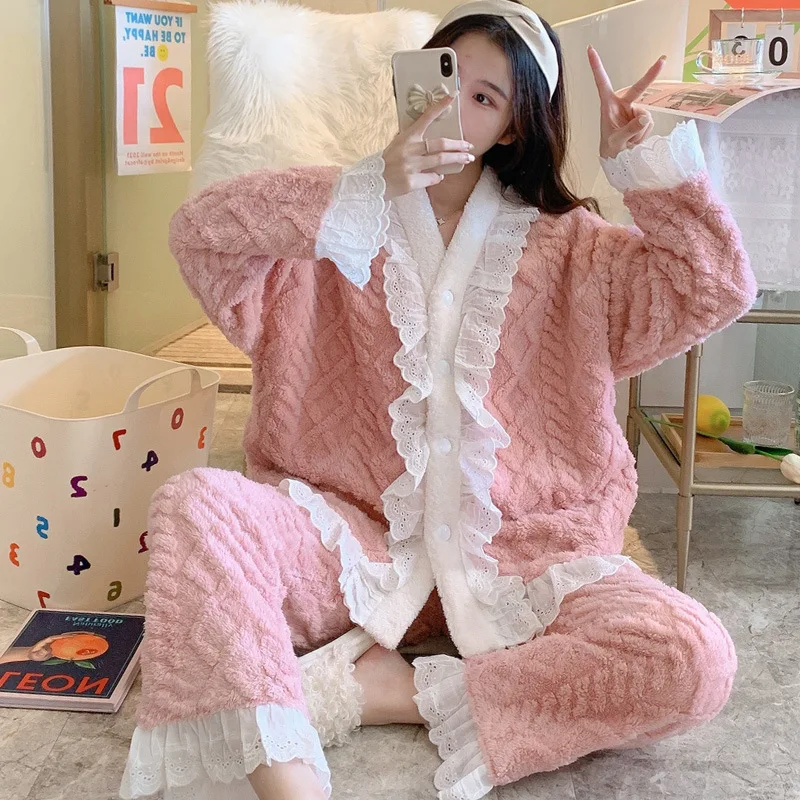 

Winter Flannel Women's Pajama Warm Pajamas Pink Thick Velvet Pyjama Lace Sweet Femme Plants Sleepwear Negligee 2 Piece Set