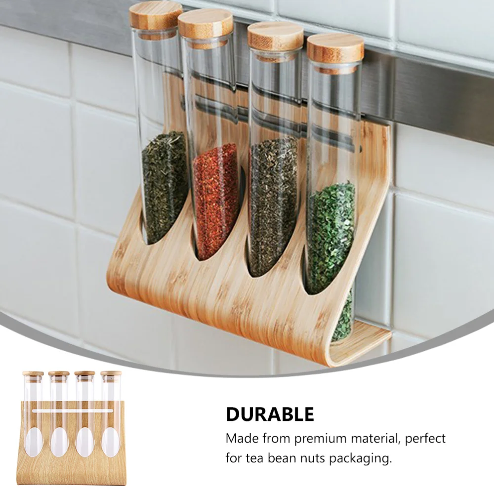 

1 Set Display Rack Wooden Rack with Four Transparent Coffee Bean Bottles