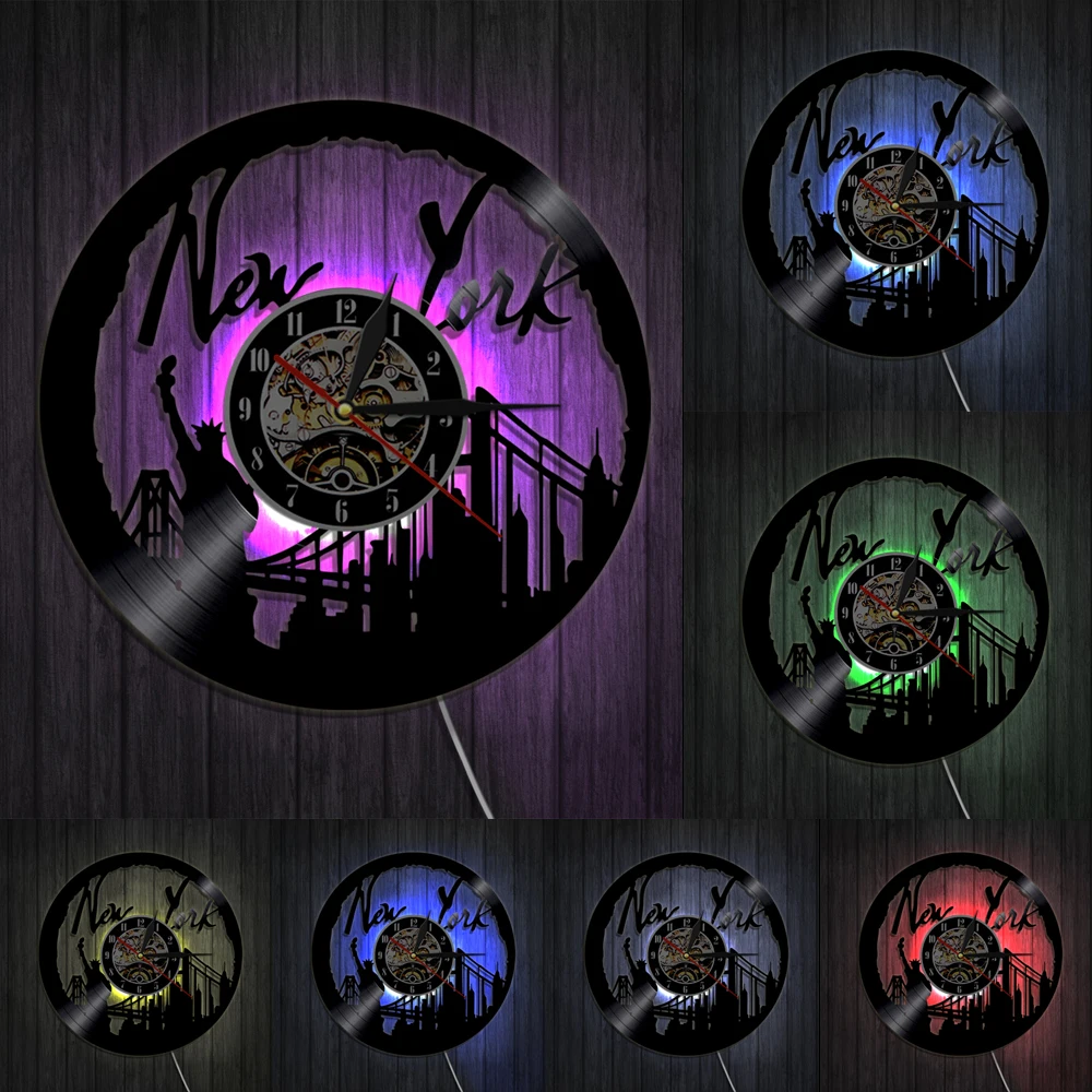 Нью Йорк настенные часы городской пейзаж виниловая Запись Современный горизонт