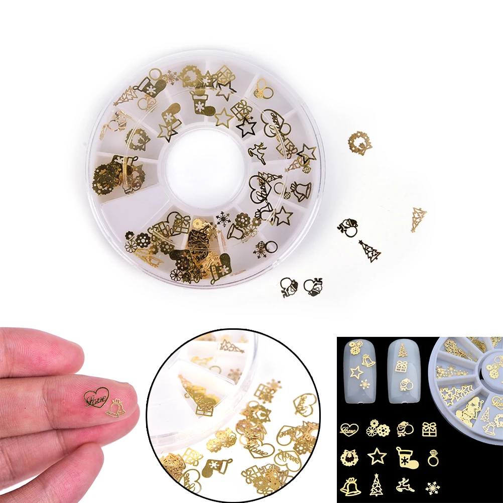 

Hot Sale New 3D Gold Metal Nail Art Sticker Decoration Wheel Christmas Mix Designs Tiny Slice DIY Manicure Nail Accessories