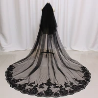 black long wedding veil with sequined lace cathedral 2t bridal veil cover face 2 layers 3 m veil with comb wedding accessories