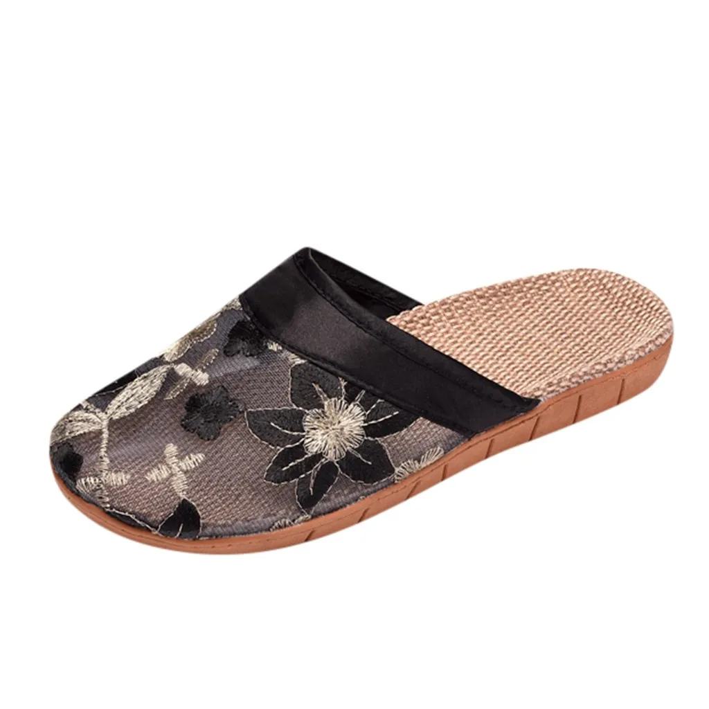 

Perspective Mesh Flax Linen Beach Shoes Printed Soft Slippers Round Head Hemp Slides Summer Zapatos de mujer Indoor Outdoor