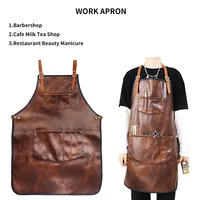 unisex leather barbershop cafe milk tea shop restaurant beauty manicure work apron with tool pockets cooking baking chef apron