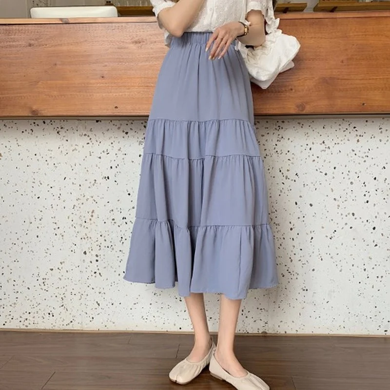 

Юбка трапециевидная Женская, с завышенной талией, в Корейском стиле, Элегантное длинное шифоновое, плиссированная летняя юбка, 2021