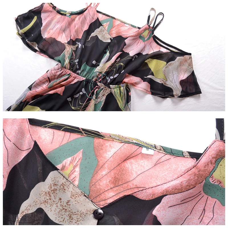

Lyprerazy Women Summer 2018 Beach Floral Boho Dress Loose High Waist Sexy Cold Shoulder butterfly Empire Strap Mini Dresses