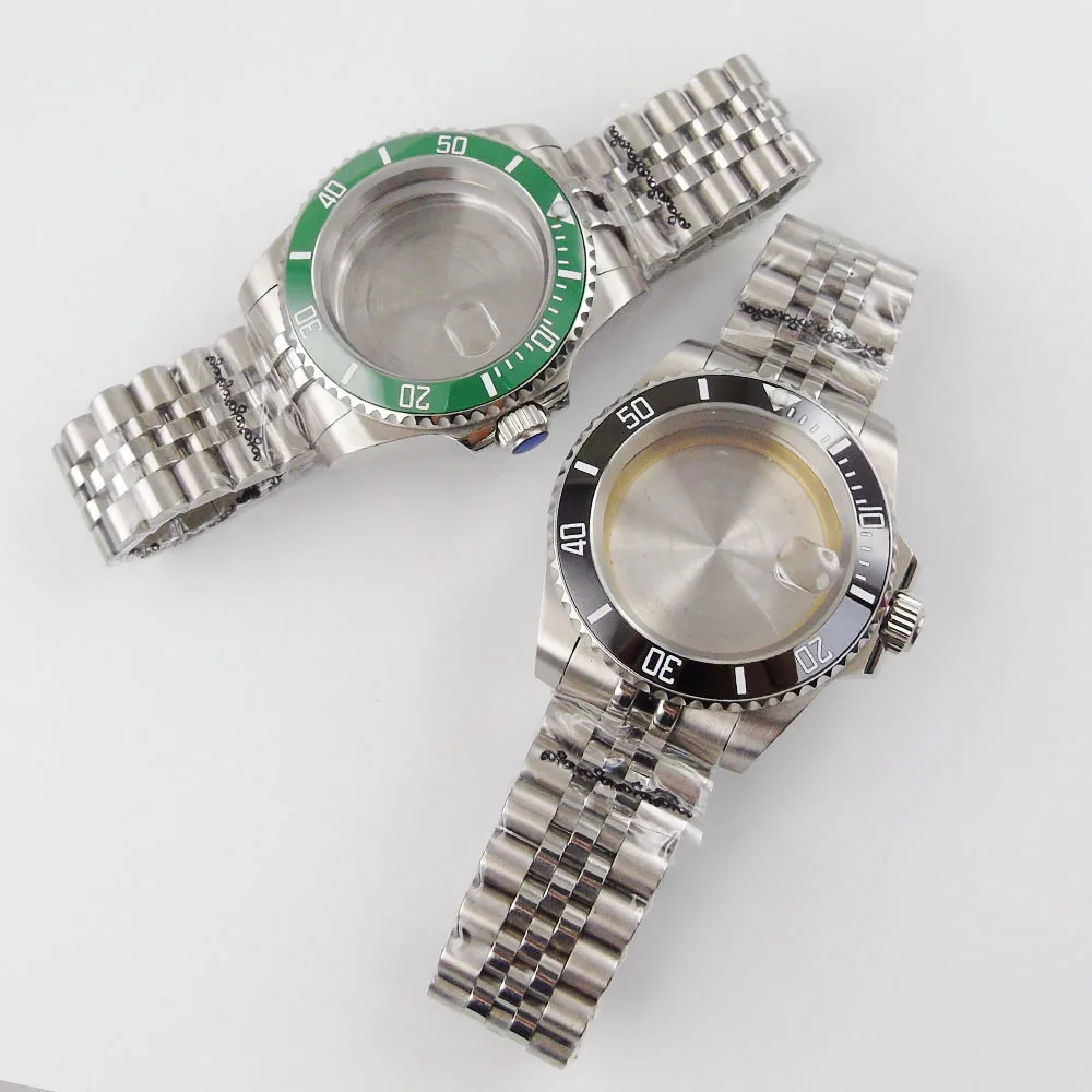 Sub Steel 40mm Watch Case for NH35 ETA 2836 MIYOTA 8215 Sapphire Glass Jubilee Bracelet Seeing/Mental Back Green Insert