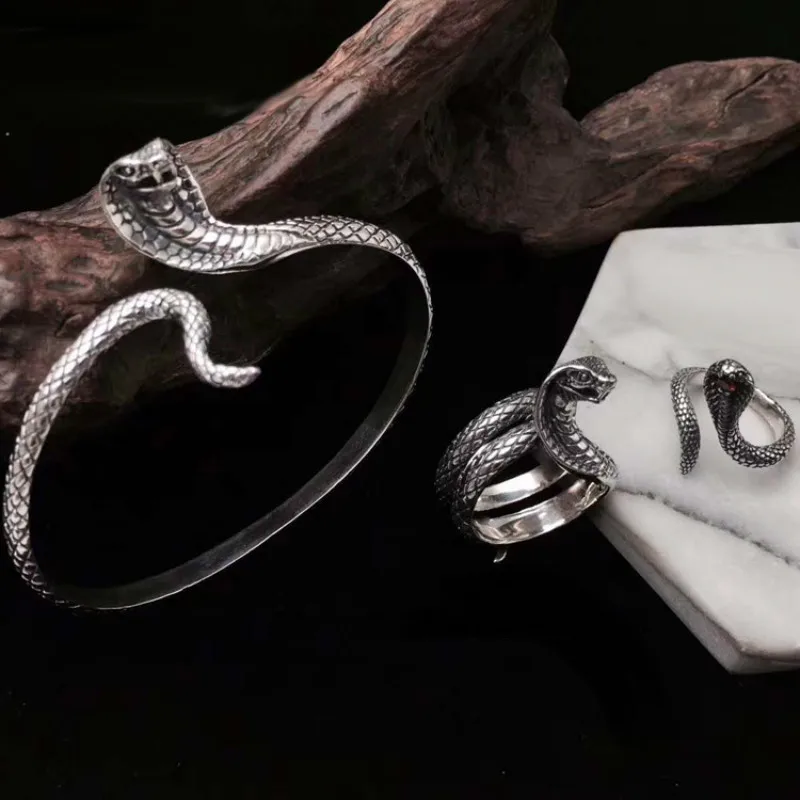 925 пробы серебряные Кобра Змея король манжеты браслеты для мужчин и женщин