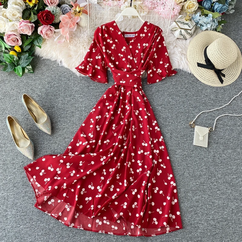 

Summer Dress Women 2020 V-neck A-line Butterfly Sleeve Beach Long Print Green Vestidos with Sashes Yellow Frocks for Women