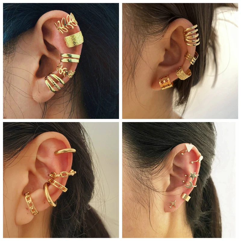 Gold Leaves Ear Cuff Black Non-Piercing Ear Clips Fake Cartilage Earrings Clip Earrings For Women Men Wholesale Jewelry