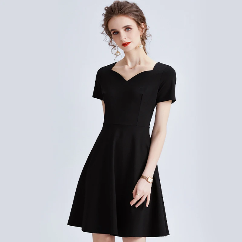 

Women Summer Black Dress Knitting Fashion New Vintage Square Collar Vestidos Slim Fit Knee-Length Regular Sleeve Dresses