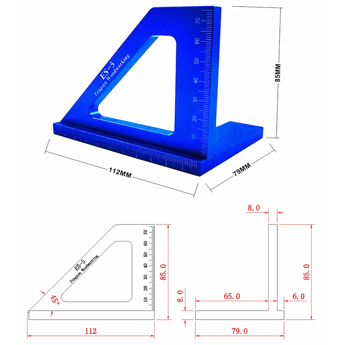 

Es-5 Woodworking Scriber Measuring Tool 45 Degree Scriber Aluminum Alloy Angle Ruler Square Layout Miter Triangle Ruler