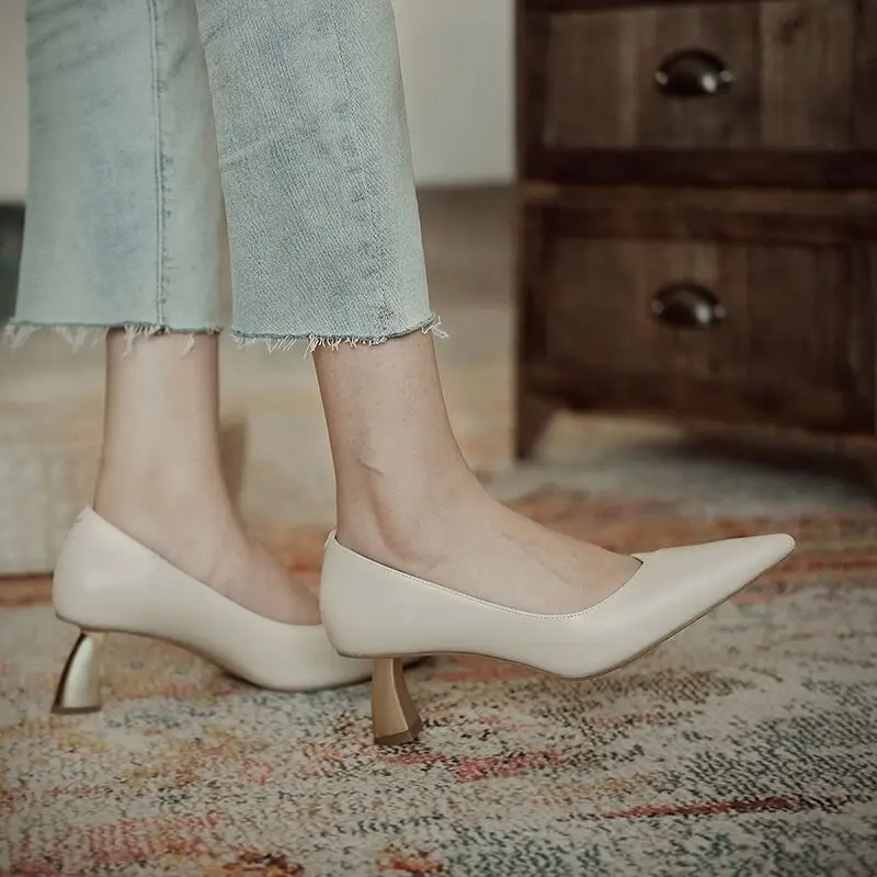 

2022 Recommend Women Leather Heels Shoes Gold High Heel Dress Shoes Pointed Toe Office Lady Work OL Pumps Shallow Shoes 6 CM