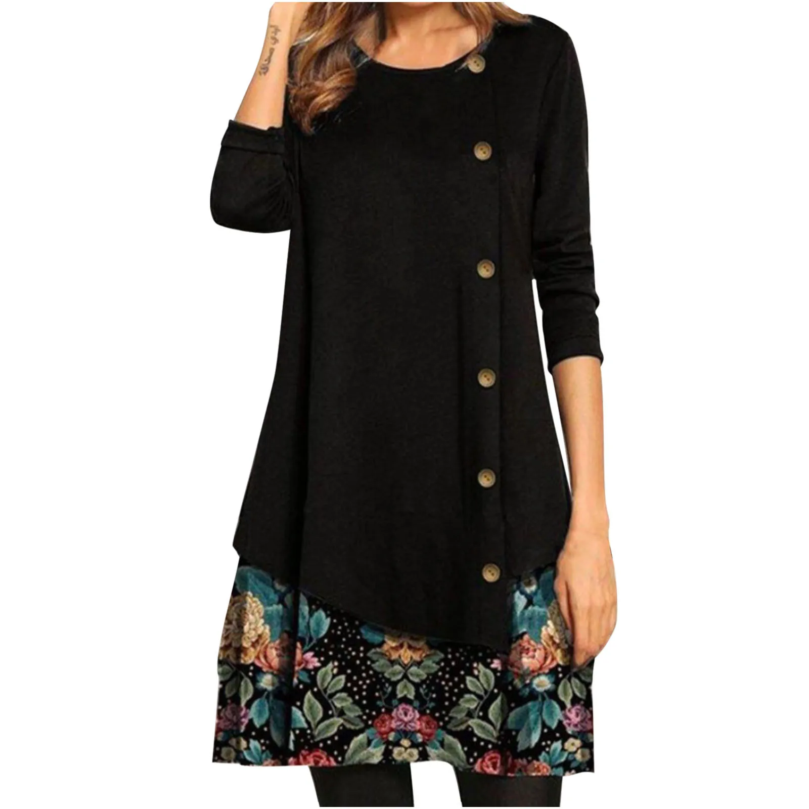 

Casual Women's Dresses Autumn Dress Full Sleeve Button O-neck Floral Printed Splicing Sweatshirts Dresses Платье Женское 2021