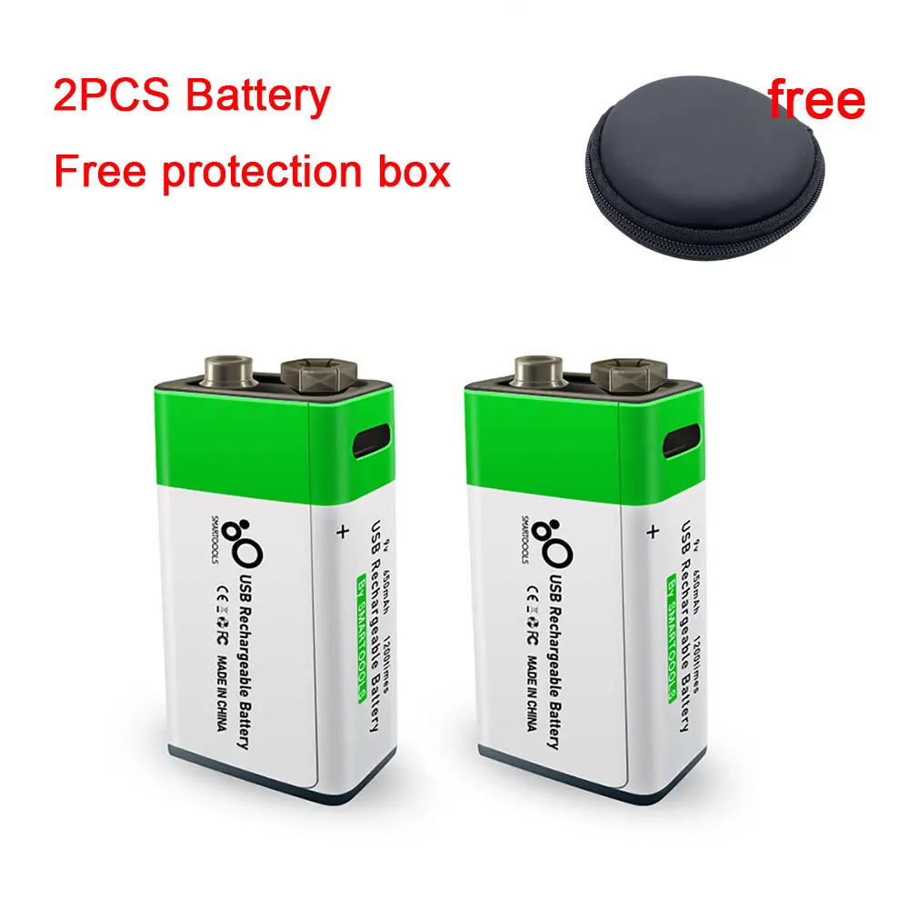 

2pcs Rapid Recharge9V USB Rechargeable Battery - Lithium-Ion, 650mAh, Eco Friendly, 1200 Uses, Type-C Charging, Li-Ion