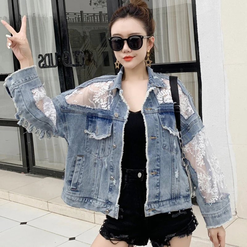 Summer Street Sunscreen Clothing Embroidered Lace Patchwork Sexy Denim Jacket Ladies Wear Tassel Loose Jeans Coat XL Size 3XL