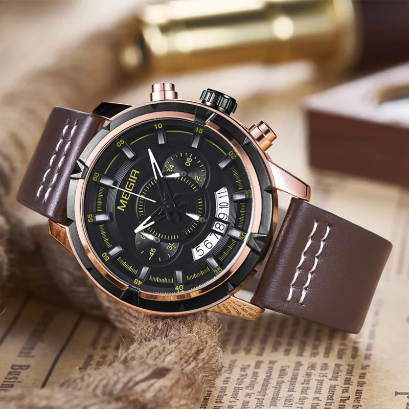 

MEGIR Business Men's Waterproof Luminous Quartz Watch Multifunctional Sports Chronograph Watches Luxury Personality 2047G