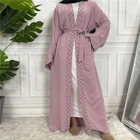 womens arabic fashion abayas turkish dresses eid elegant pure color hand made beaded muslim lace cardigan female robe vestidos
