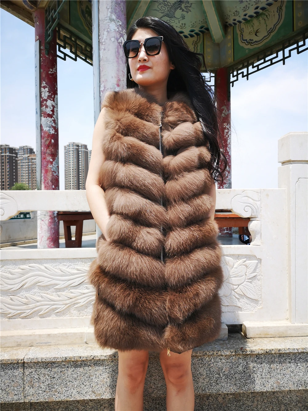 Женский Длинный жилет из лисьего меха зимний натурального большой размер