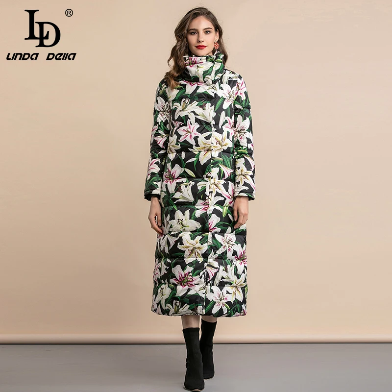 Многоцветный LD LINDA Делла, зимняя теплая утолщенная куртка-пуховик на белом утином пуху, винтажное Элегантное длинное женское пальто с цветочным принтом, верхняя одежда с цветочным принтом - Цвет: Многоцветный