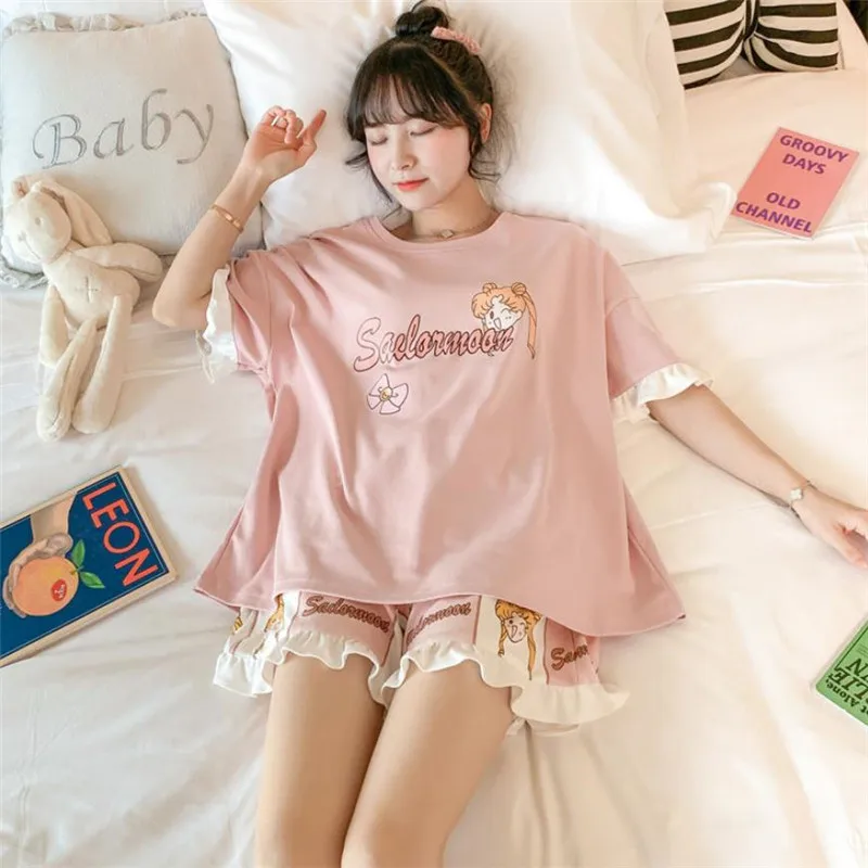 

Women Pajamas Summer Short Sleeve 2pcs Femme Pijama Set Harajuku Anime Sailor Moon Homewear Cute Peter Pan Collar Nightgown