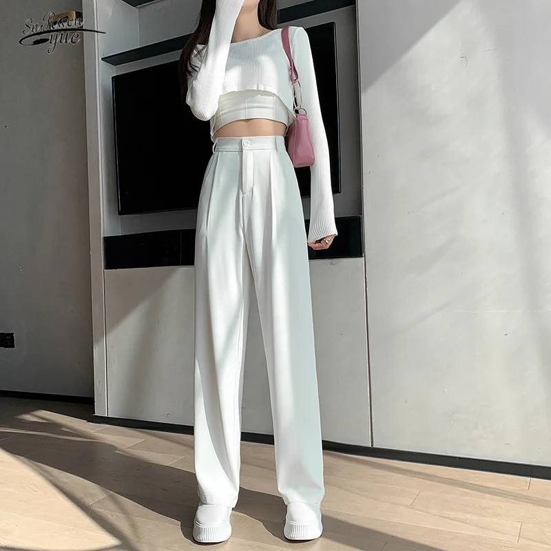 

Spring Summer Loose Female Floor-Length White Suits Pants Casual High Waist Loose Wide Leg Pants for Women Ladies Trousers 16343