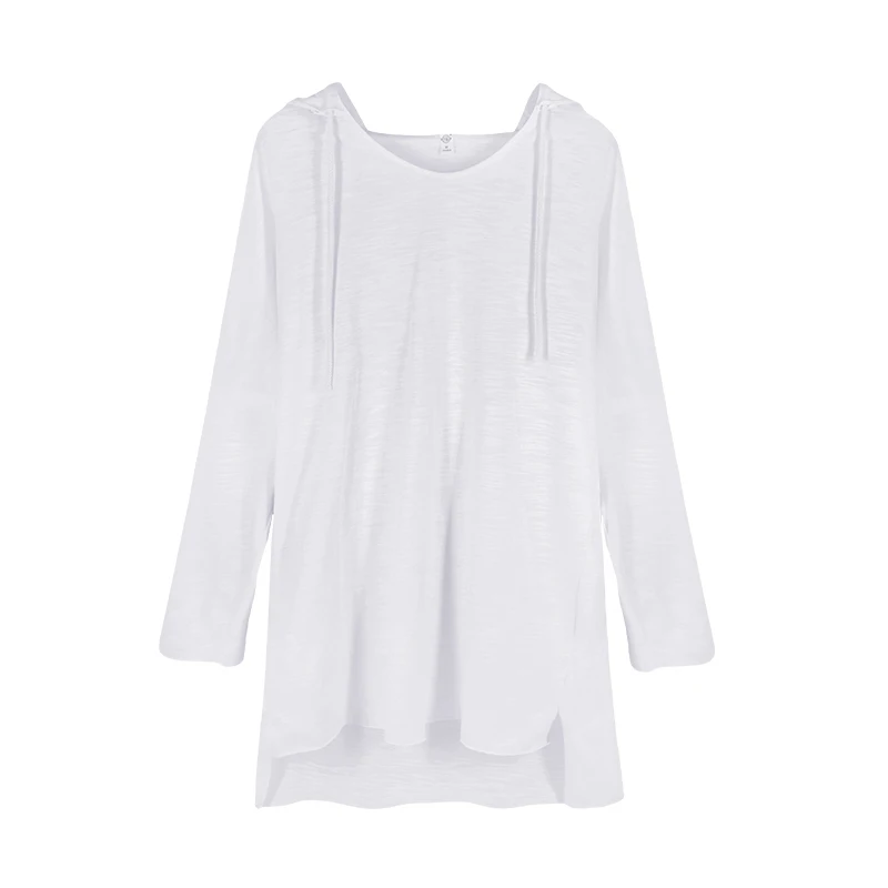 Bamboo Cotton Loose Women T-shirts 2021 Summer New Long Hooded V-neck Solid White Casual Pullovers Outwear Coat Tops | Женская одежда