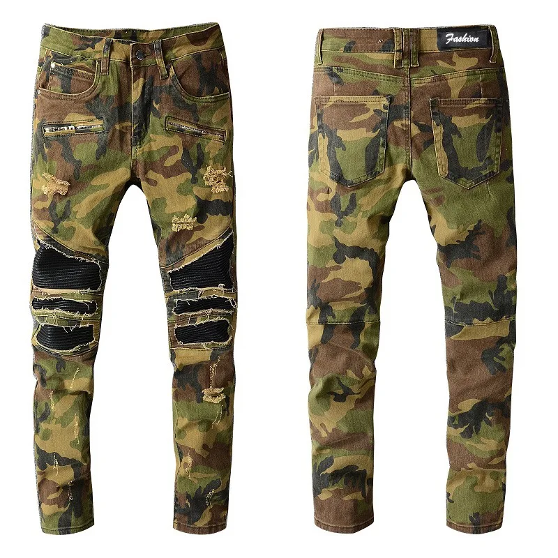 2022 New Men's Army Green Camouflage Color Personality Jeans Leisure Slim Stitching Tooling Locomotive Wind Denim Trousers
