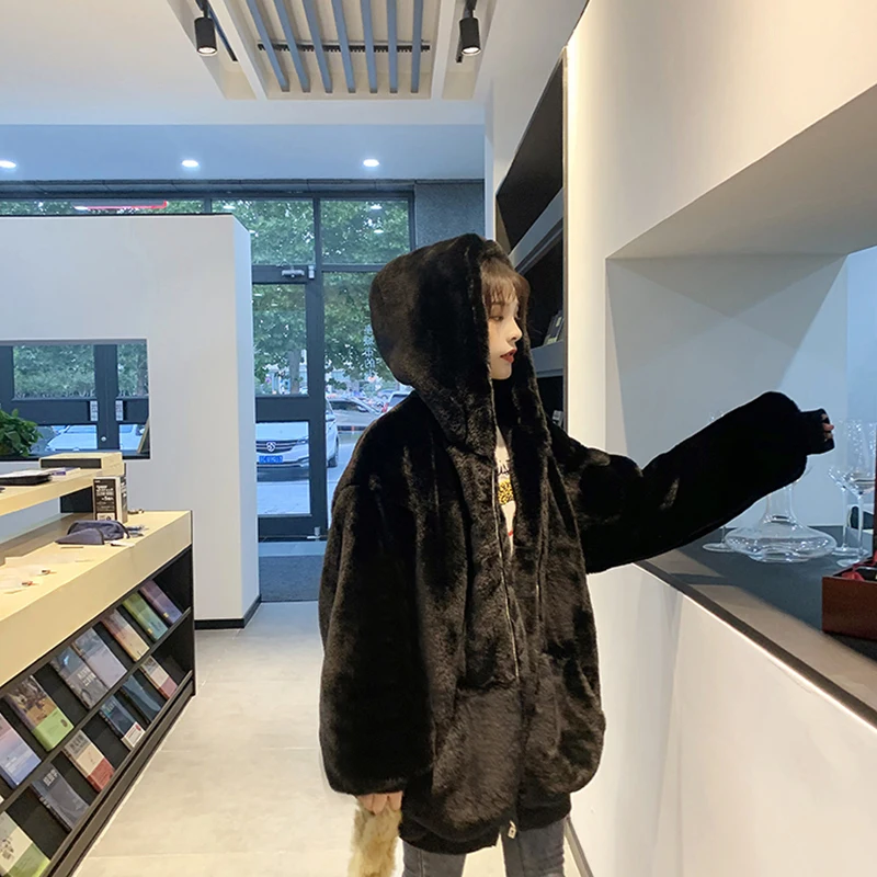 Зимнее плюшевое меховое пальто женские повседневные толстовки пушистая Толстая