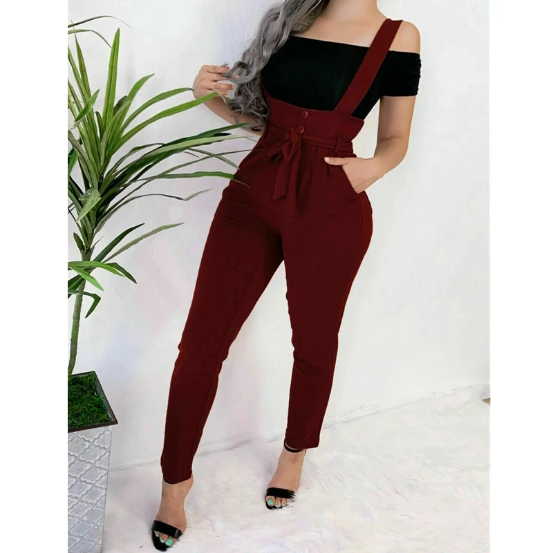 Fashion Strap Jumpsuit Women‘s Casual High Waist Jumpsuit Dungarees Straps Suspender Slim Pencil Pants Trousers