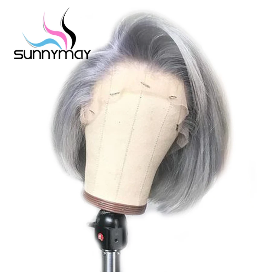 Sunnymay 13x4 Синтетические волосы на кружеве парики из натуральных волос с Африканской структурой, серый Цвет Боба парик 130% бесклеевого с ребенком Человеческие волосы Remy для наращивания, прямые Синтетические волосы на кружеве парик