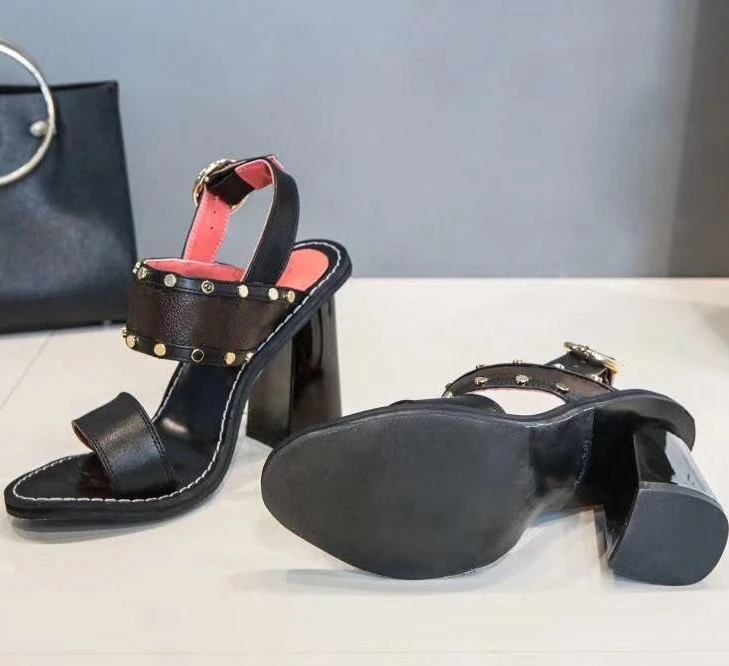 

High Quality Cowhide Women's Print Patent High Heels Shoes Sandals Slippers Roman Style Belt Buckle Fashion Personality Punk