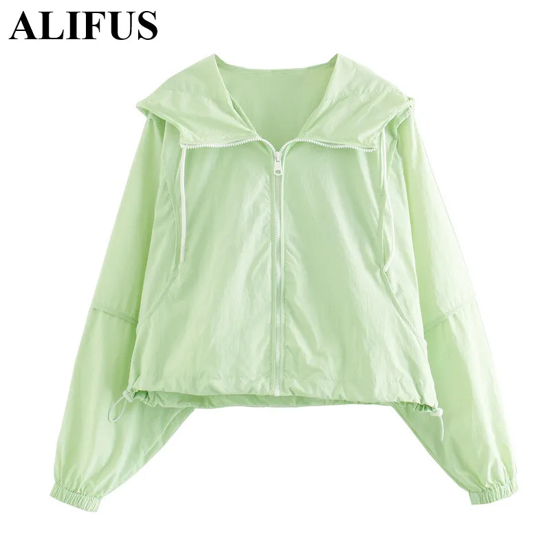 

fashion 2020 sweatshirt women green zipper placket hooded elastic cuff simple sweatshirt female waterproof drawstring mujer