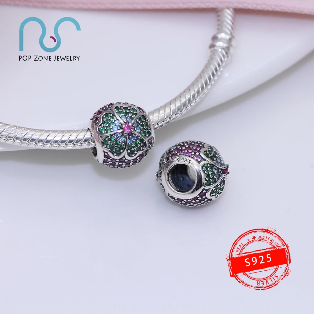 

Fit Original Pandora Charm Bracelets Round Flowers Green Delicate Beads 925 Sterling Silver Fine Beads DIY New Jewelry Female