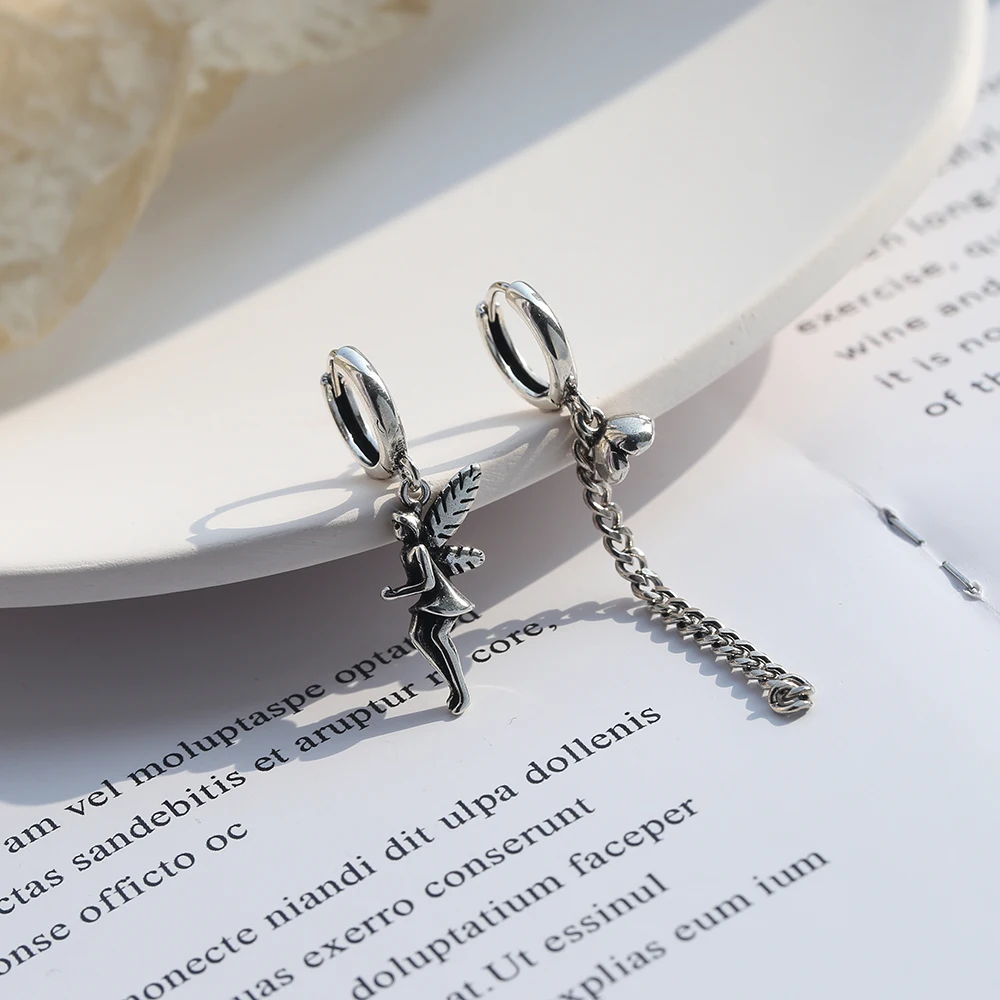 

YH-ZL 925 Sterling Silver Cute Little Flower Fairy Asymmetric Thai Silver Hoop Earrings For Women