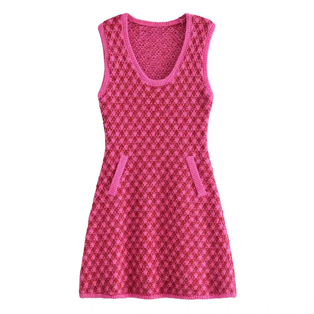 

Женское трикотажное платье в клетку DiYiG, клетчатое мини-платье без рукавов с круглым вырезом и высокой талией и карманами в стиле ретро, нови...