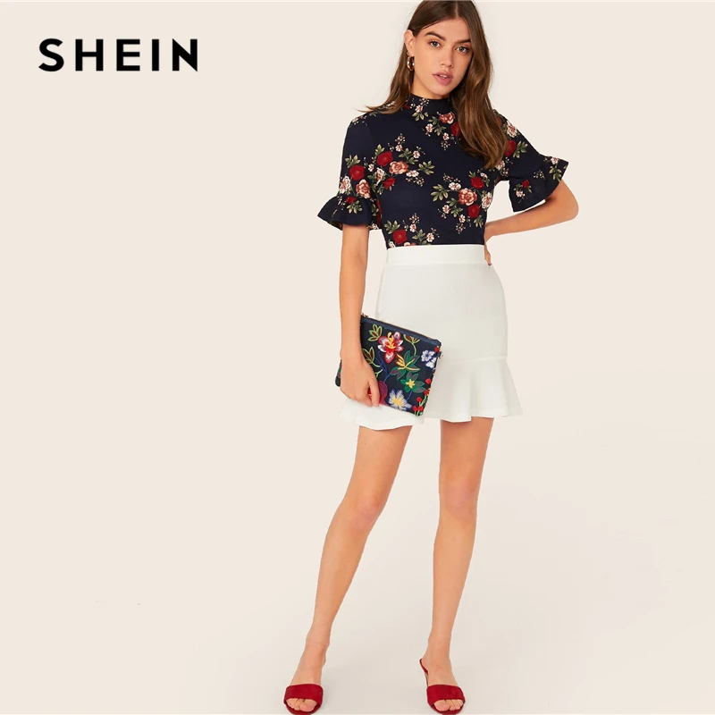 SHEIN abaya/темно-синяя гофрированная манжета с круглым вырезом, футболка с цветочным принтом, топ, женский летний рукав-Волан женские, облегающие элегантные футболки, топы