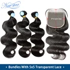 Прозрачная Кружевная лента 5x5 с пряди, бразильские объемные волнистые необработанные волосы, новая звезда 11а, толстые человеческие волосы, плетение и закрытие