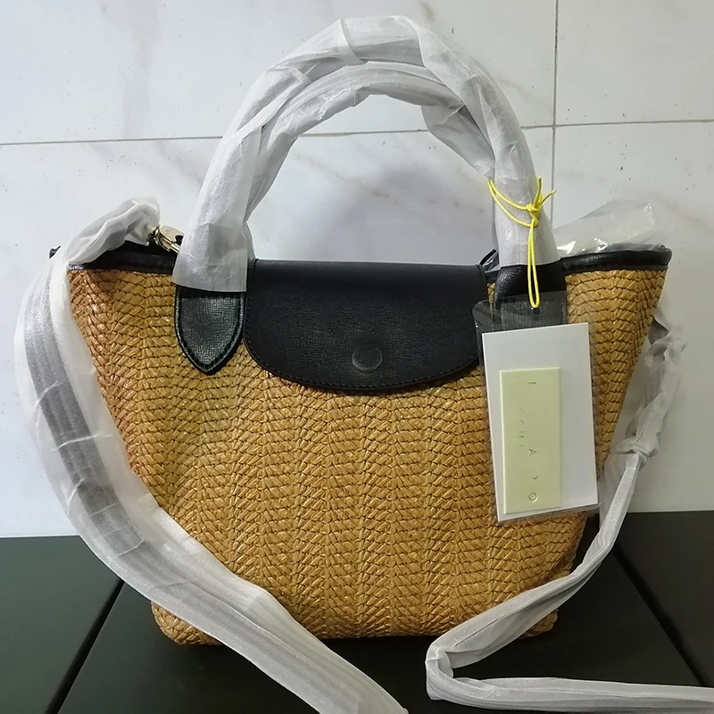 

2021 Summer longamp French designer's latest ladies' straw woven tote bag, shoulder bag, handbag, leather handle