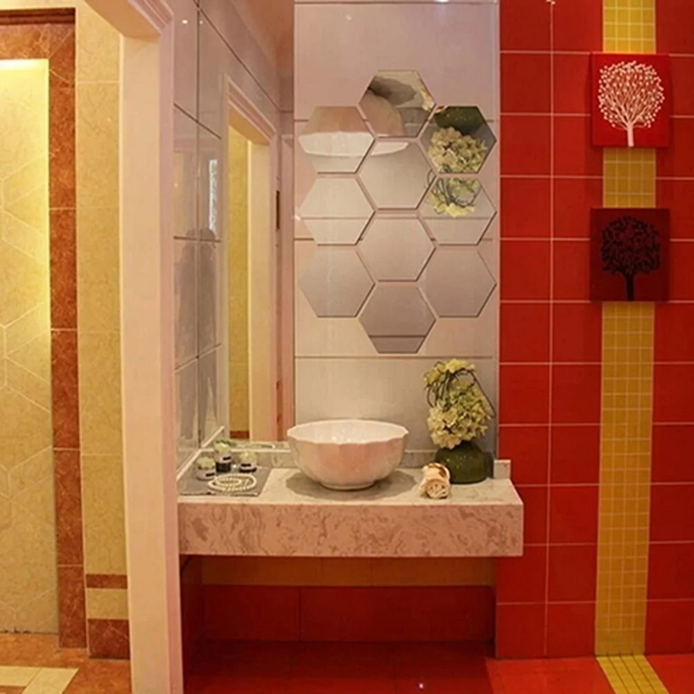 

46*40*23mm 12Pcs Solid 3D Sticker Plastic Self-adhesive Decoracion Habitacion Hexagonal Frame Stereoscopic Mirror Wall Sticker