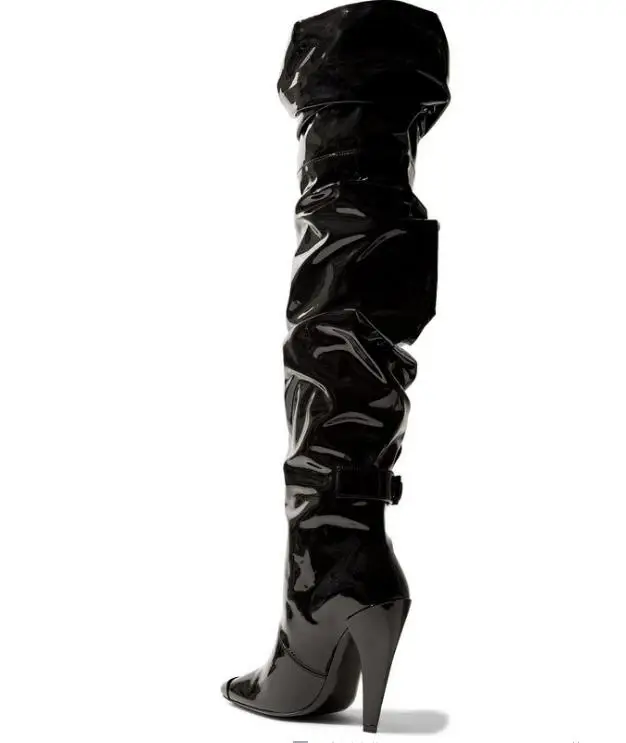 

BONJEAN Newest Black Patent Leather Over the Knee Boots Woman Square Toe Thick Heels Riding Boots Runway Thigh High Boots