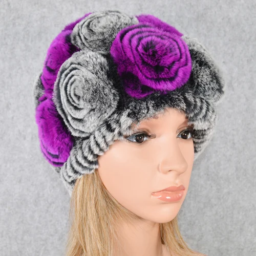gray and purple Горячая Распродажа зимние женские вязаные натуральный настоящий мех кролика шапки женские теплые Настоящий мех кролика шапки Цветочные меховые шапочки - Цвет: gray and purple
